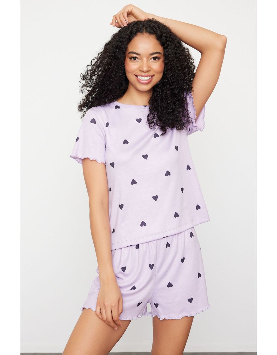 Lilac Heart Slogan Printed Rubber Detailed Corded Knitted Pajama Set