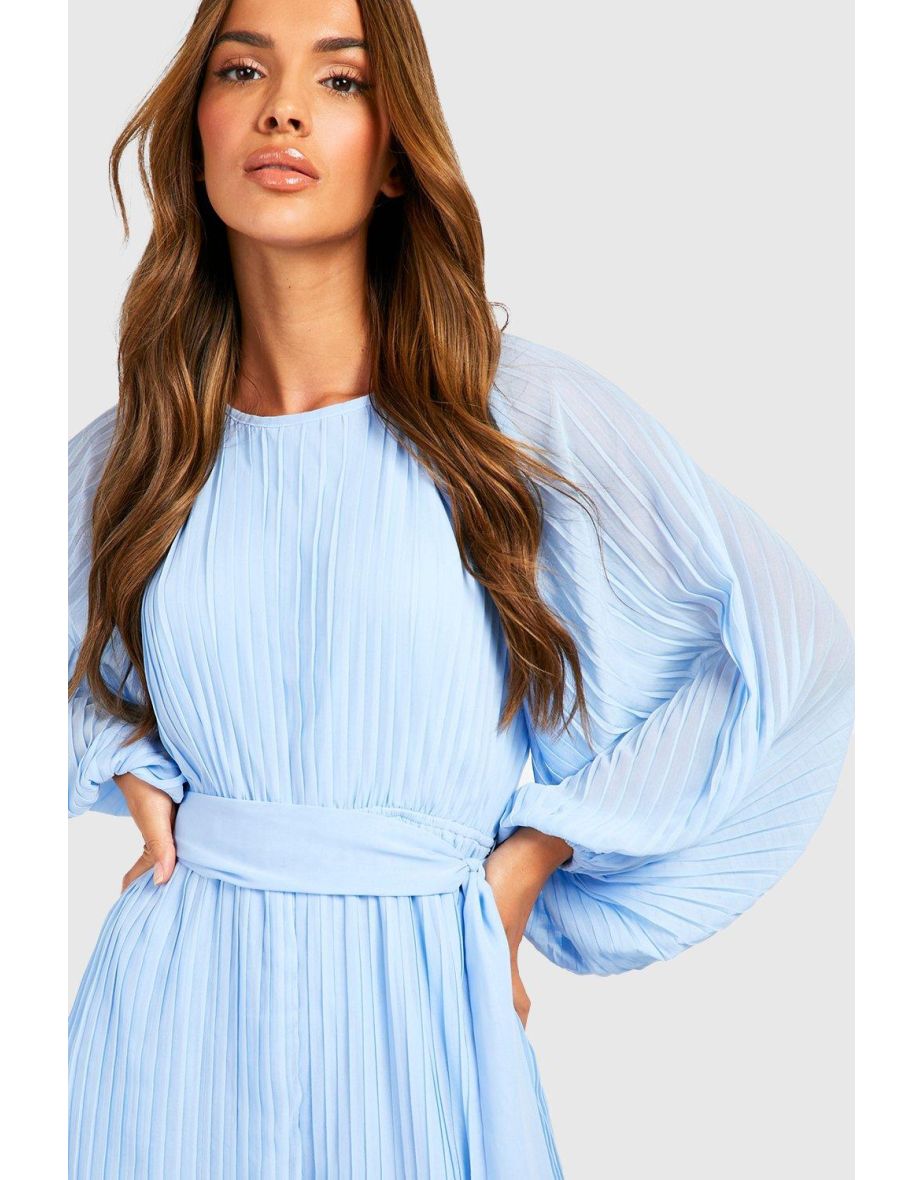 Pleated Long Sleeve Culotte Jumpsuit - light blue - 3