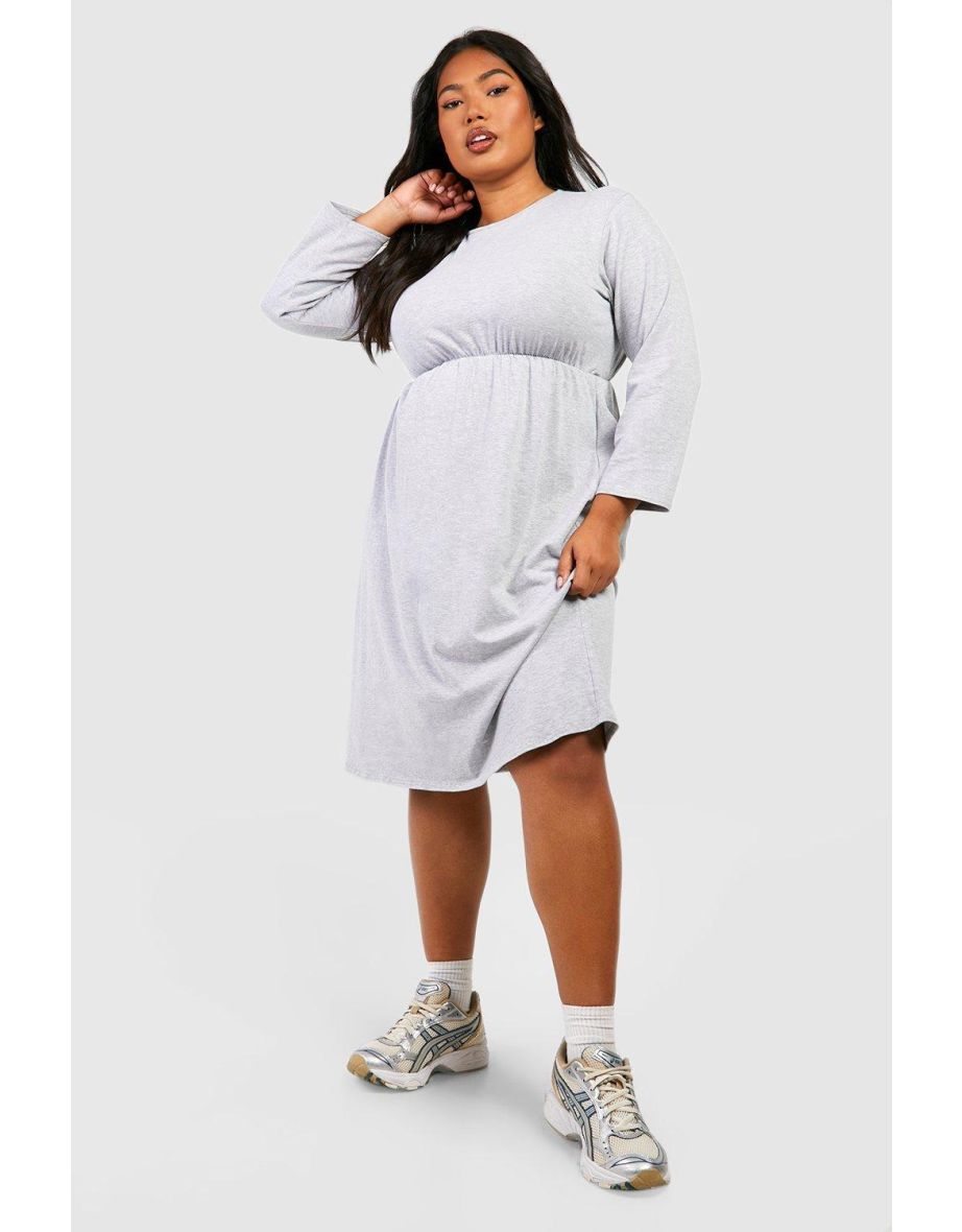 Plus Cotton Ruffle Elastic Waist Midi Dress - grey marl