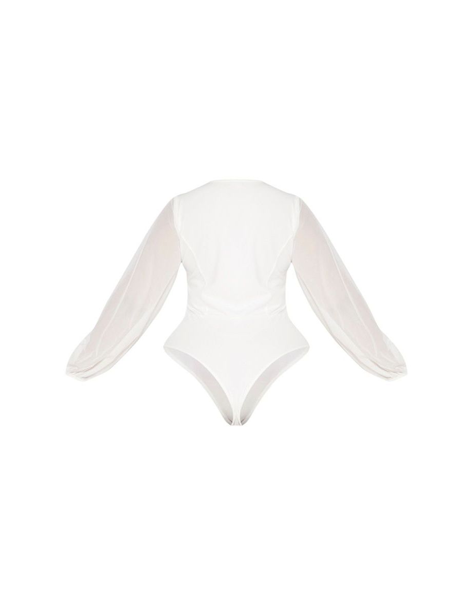 Plus White Eyelet Detail Mesh Sleeve Bodysuit - 4