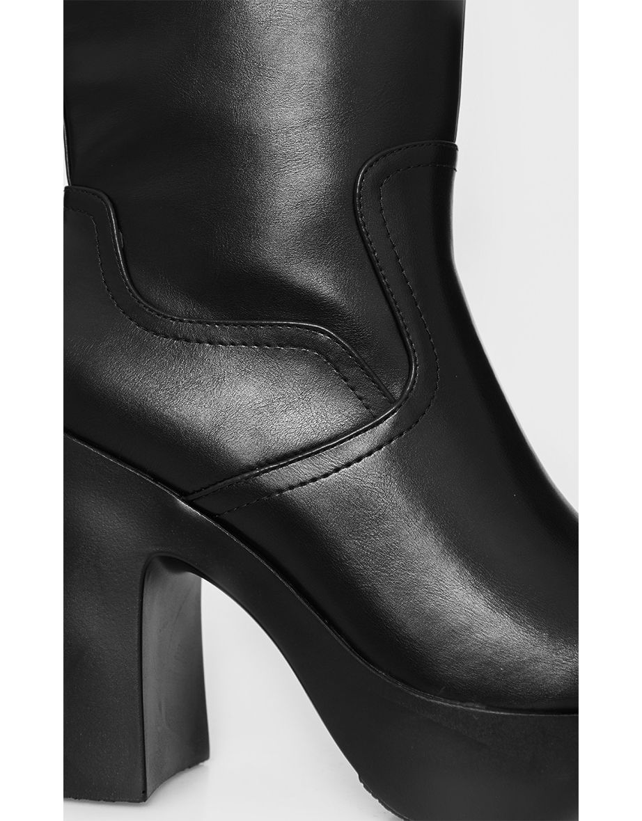 Wide Fit Black Pu Square Toe Block Heeled Slight Platform Knee High Boot - 3