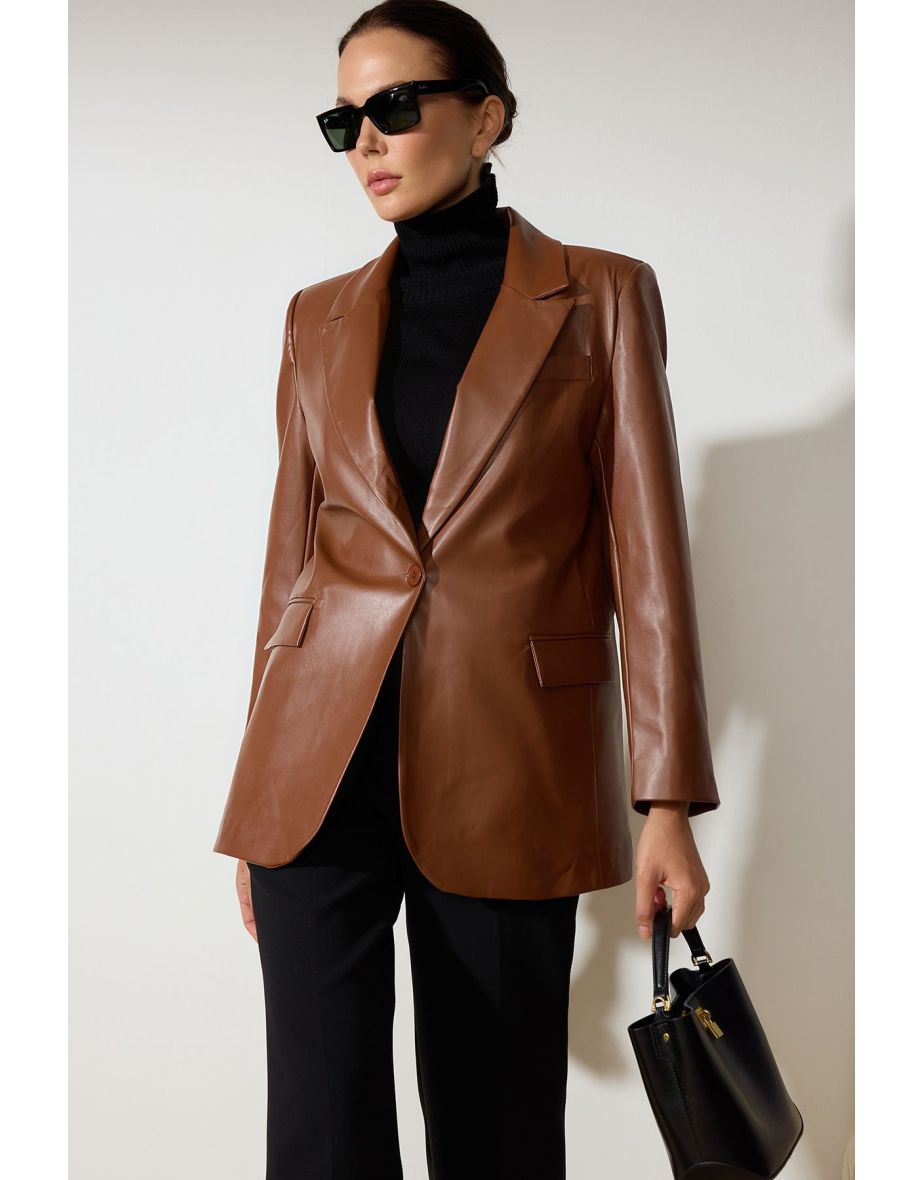 Brown Oversized Faux Leather Blazer Jacket - 6
