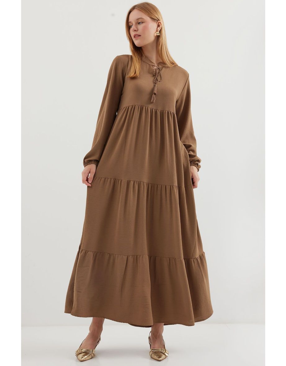 Collar Lace-Up Hijab Dress - Milk Brown