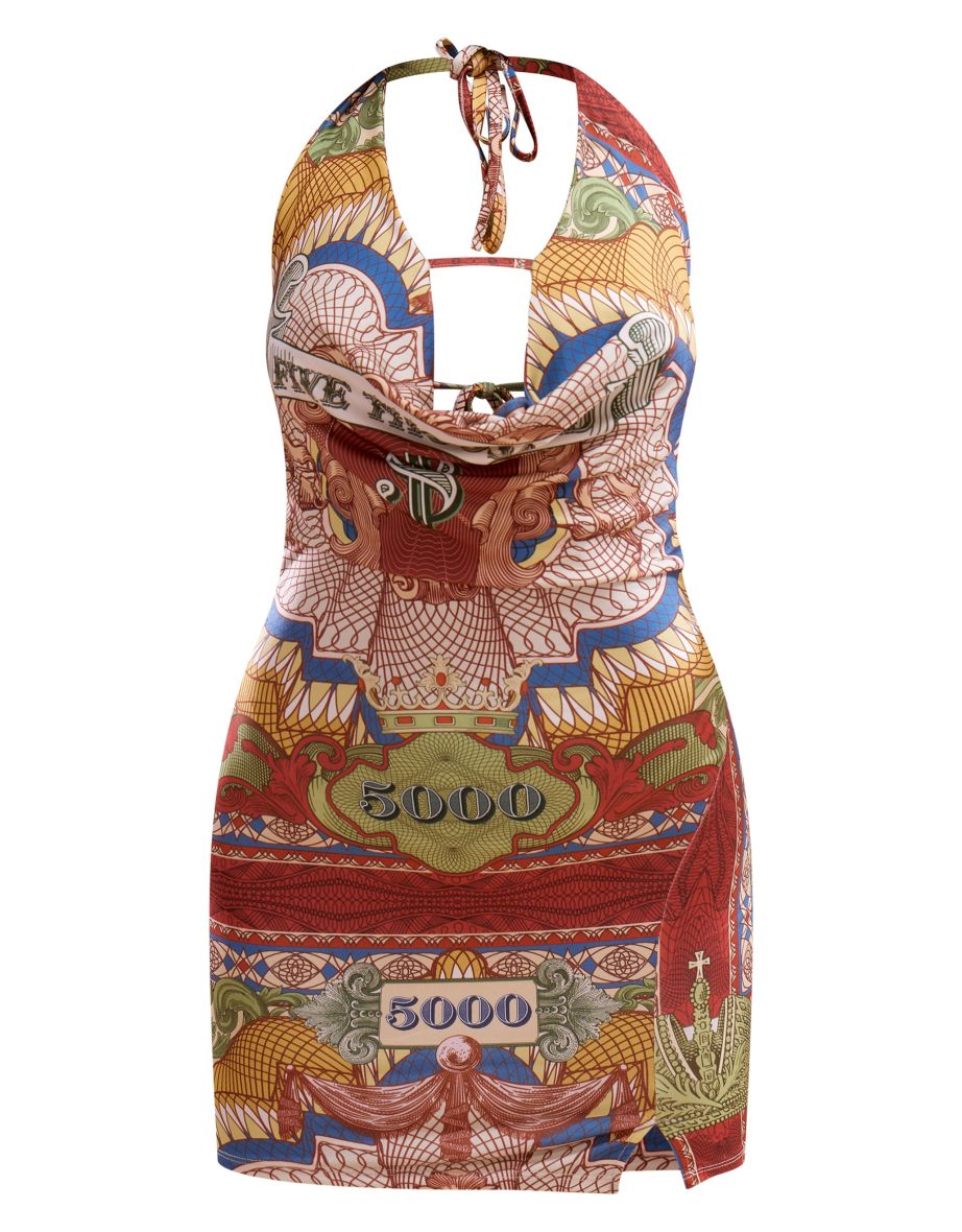Multi Abstract Print Slinky Halter Neck Cross Bar Mini Dress - 4