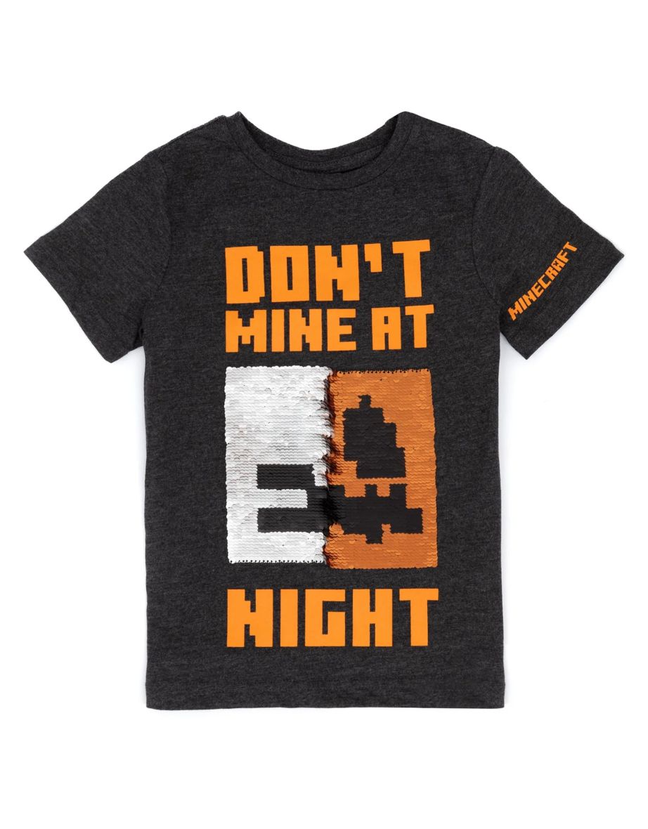 Minecraft Childrens/Kids Don´t Mine At Night Sequin Flip T-Shirt - Black/Orange