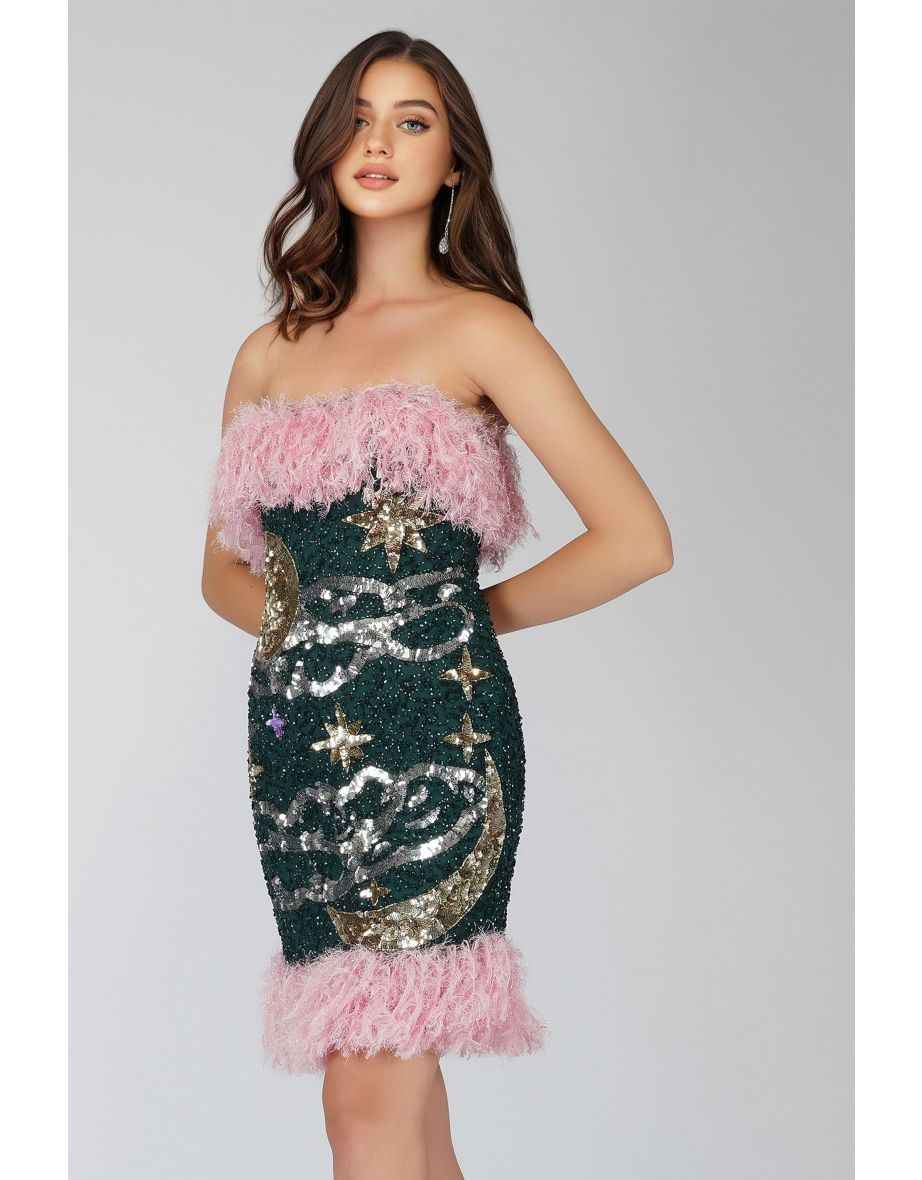Midnight Sequin Feather Mini Dress in Emerald Green