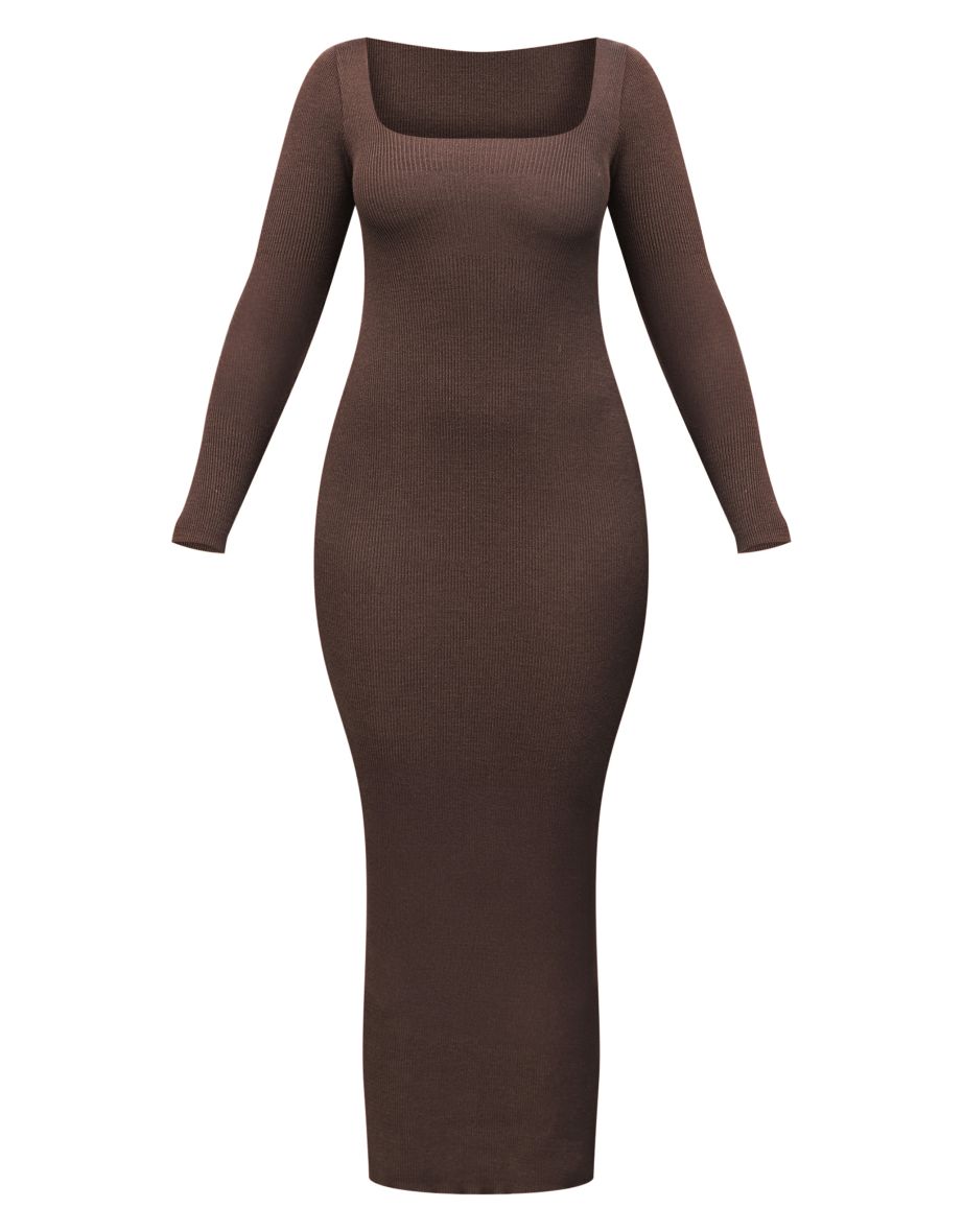 Chocolate Square Neck Knitted Dress - 3