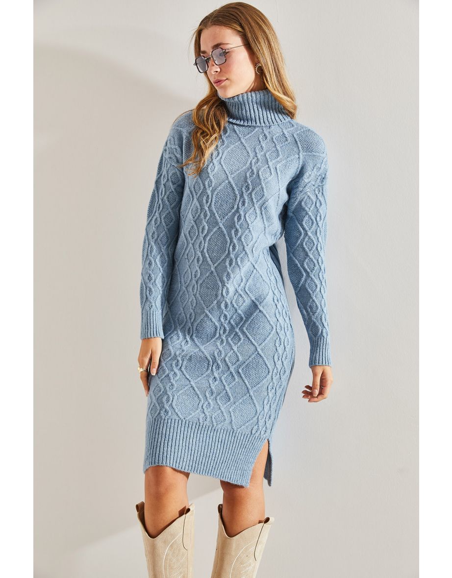 Women's Hair Braided Turtleneck Knitwear Dress - 4