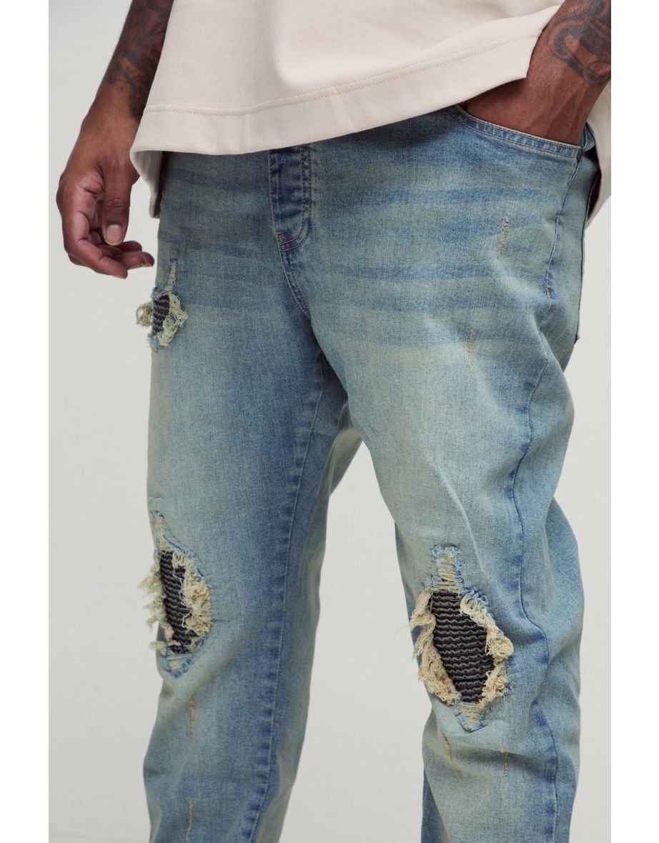 Plus Biker Rip & Repair Stonewash Zip Hem Skinny Jeans - stonewash - 2