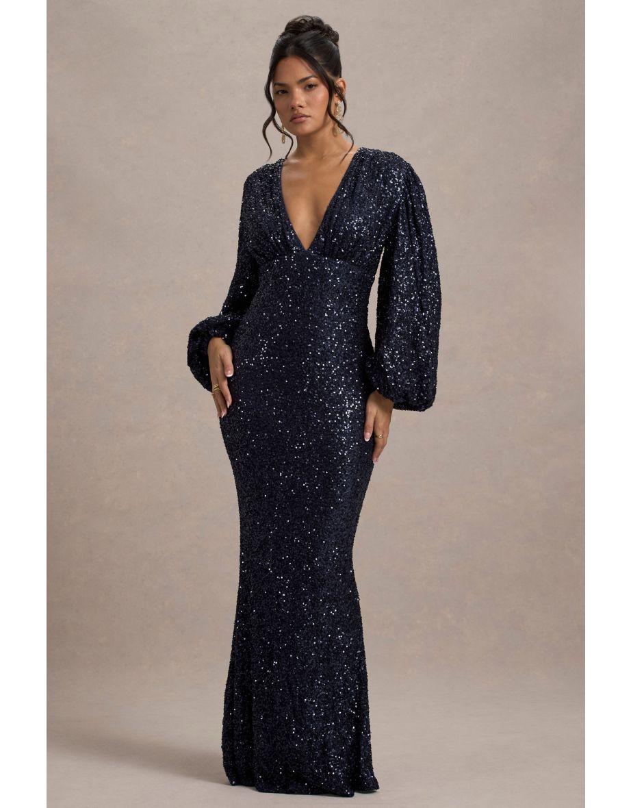 Kaelin | Navy Sequin Plunge-Neck Maxi Dress