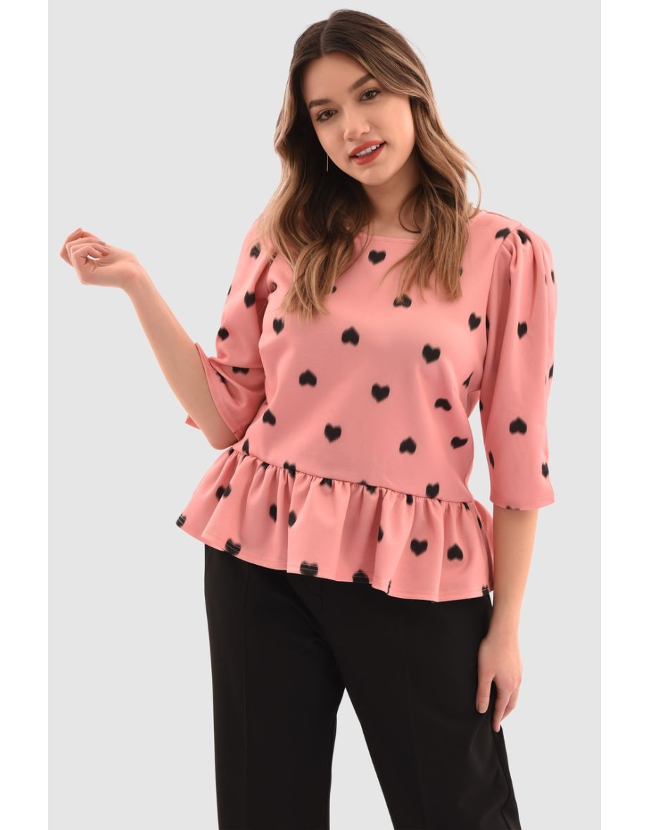 Closet London Curves Pink Heart Print Gathered Hem Top