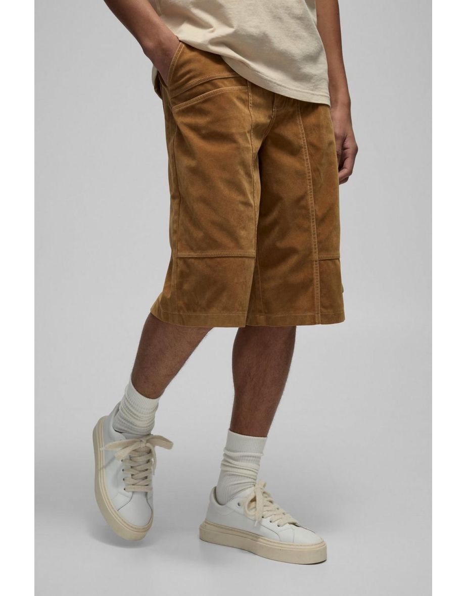 Baggy Long Length Heavyweight Suede Cargo Shorts