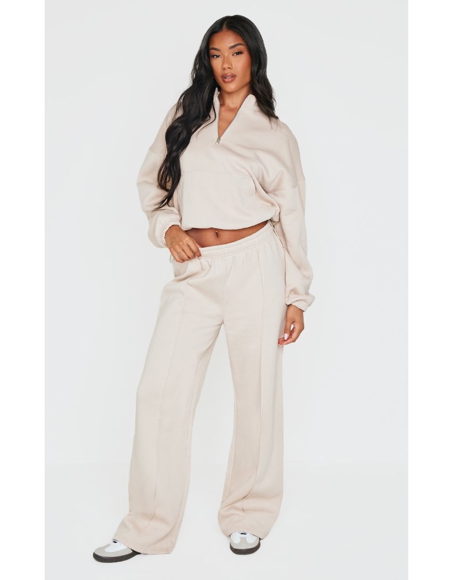Beige Seam Detail Wide Leg Jogger