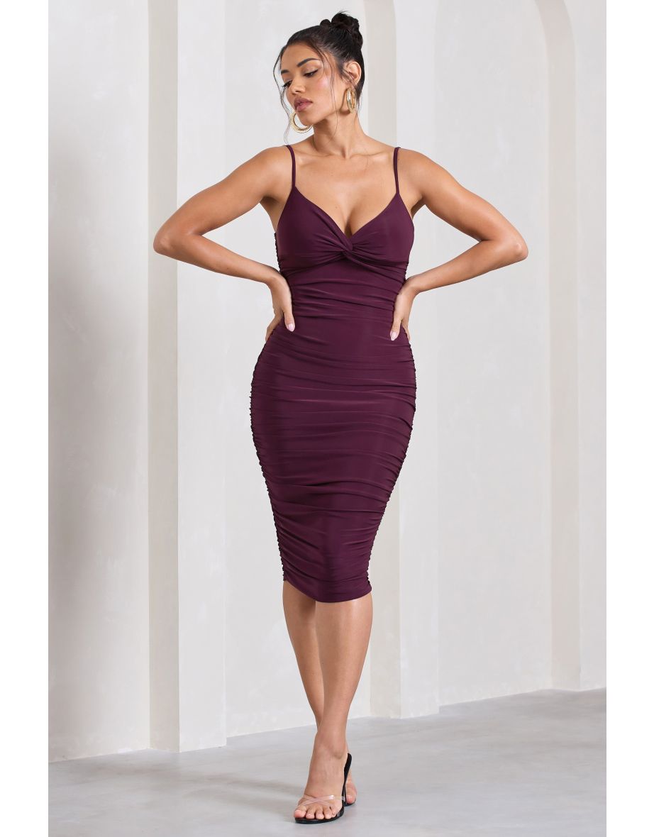 Desired | Plum Ruched Strappy Midi Dress - 4