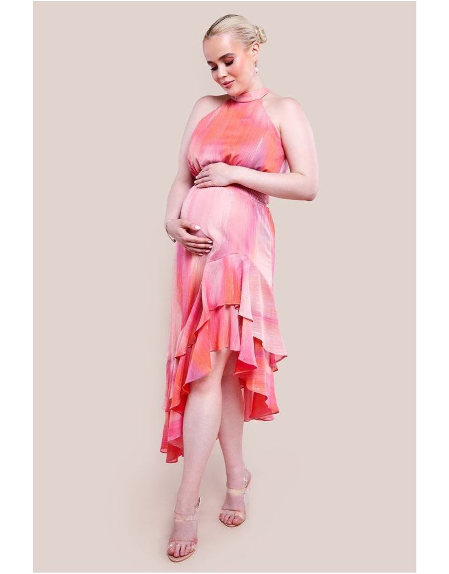 Goddiva Maternity Halter Neck Chiffon Tie Midaxi Dress - Blush