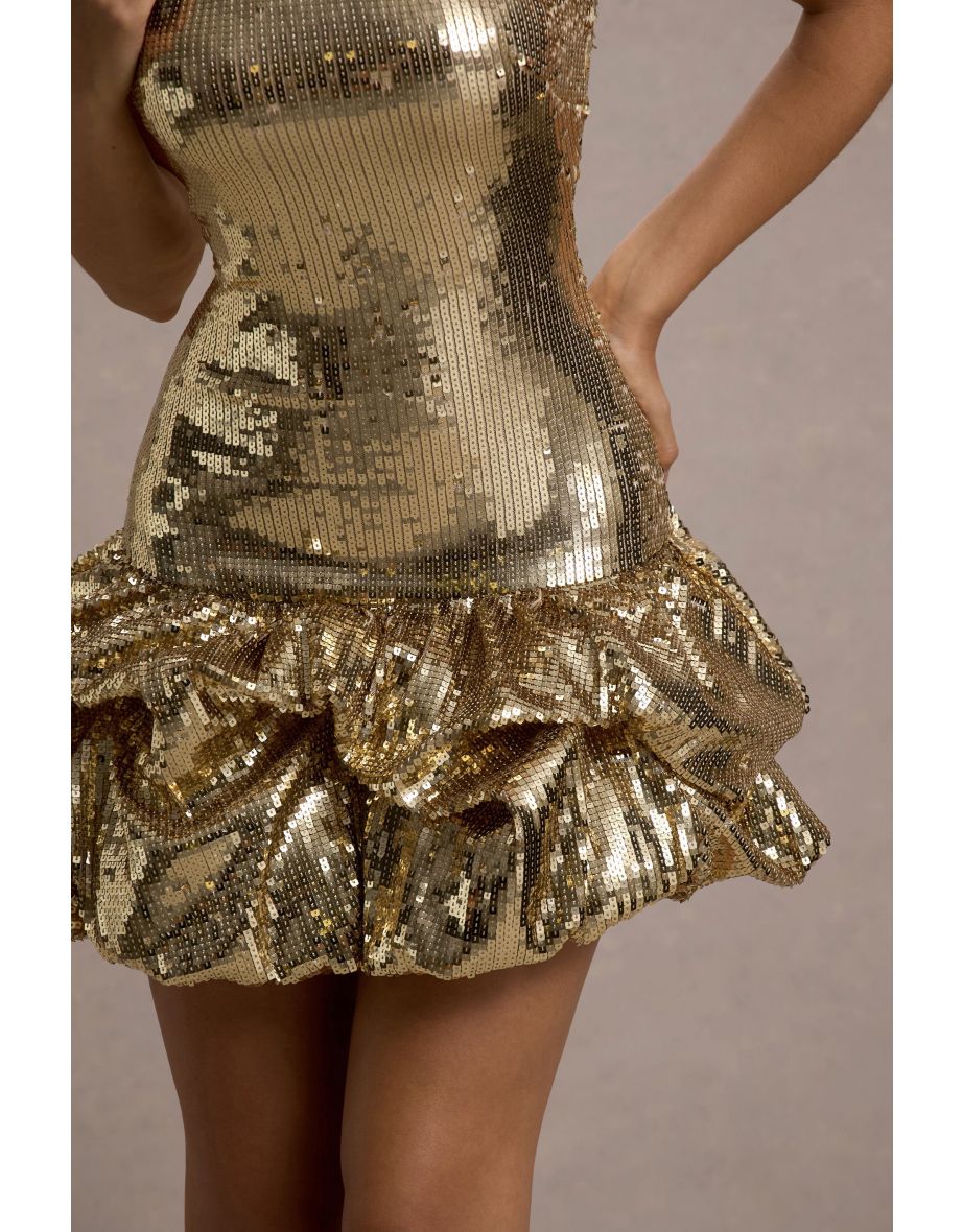 Mirabelle | Gold Sequin Bandeau Mini Dress With Puff Hem - 6