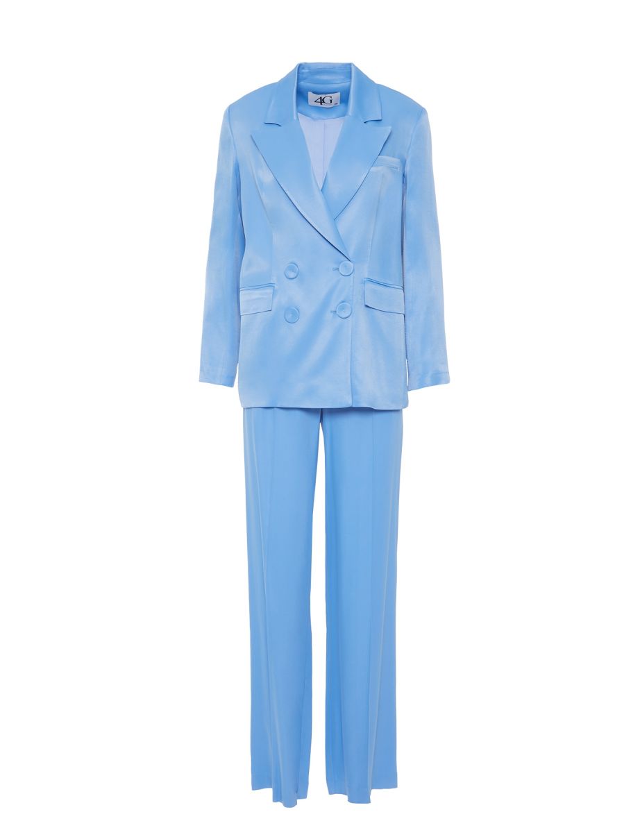 Shiny Satin Fabric Blue Suit With Double-breasted Closed Blazer Jacket