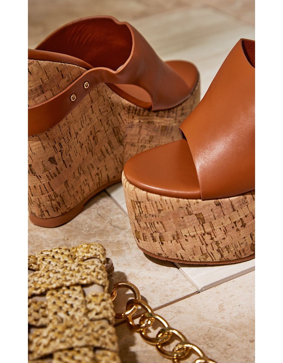 Tan PU Stud Detail Cork Wedge Heeled Sandals - 3