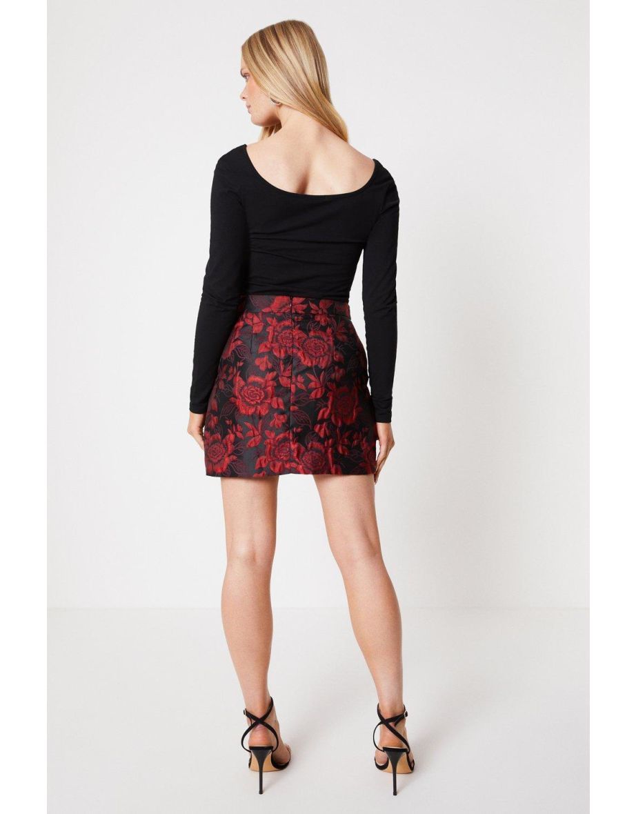 Floral Jacquard Split Mini Skirt - 2