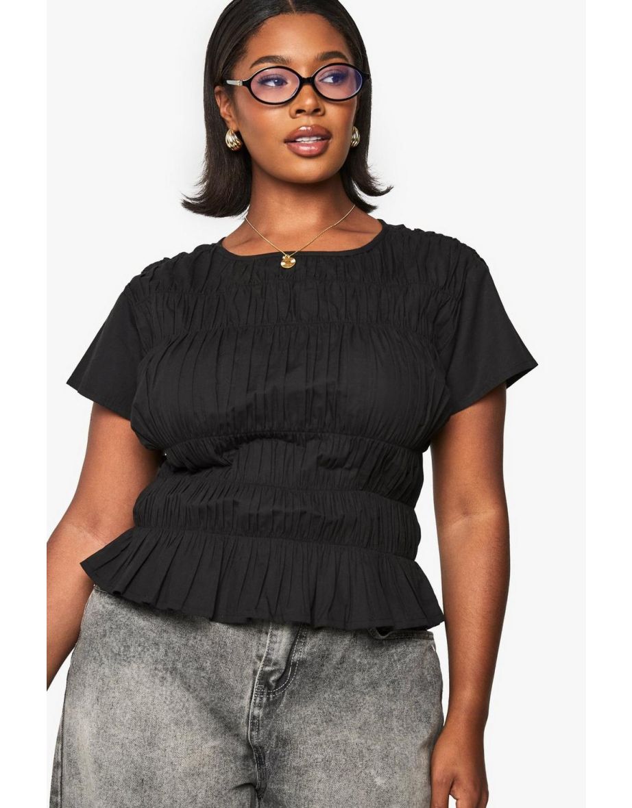 PLUS COTTON SHIRRED PUFF SLEEVE BLOUSE