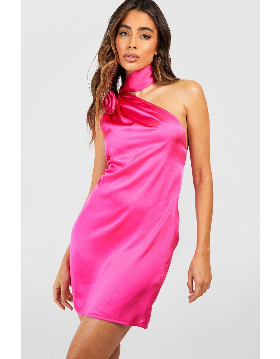 Rose Tie Neck Satin Slip Dress - hot pink