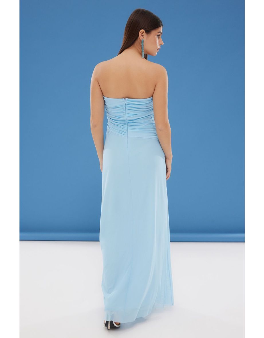 Ice Blue A-Cut Scarf Detail Tulle Knitted Long Evening Dress - 4