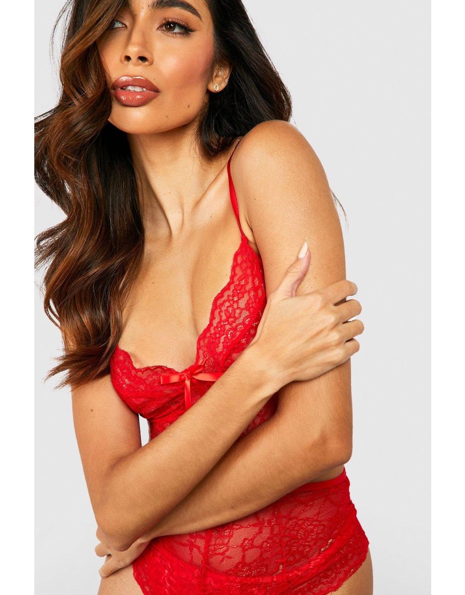 Lace Crotchless Bodysuit - red - 2