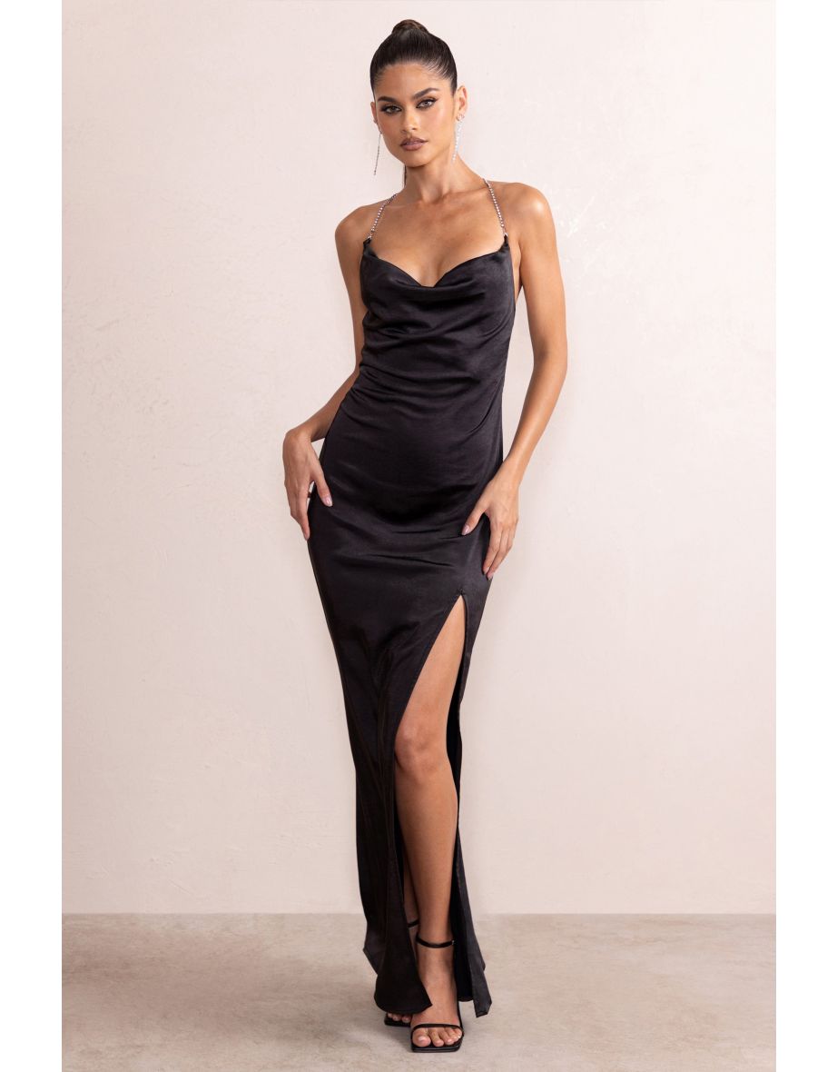 Malia | Black Satin Backless Diamante Strap Detail Maxi Dress