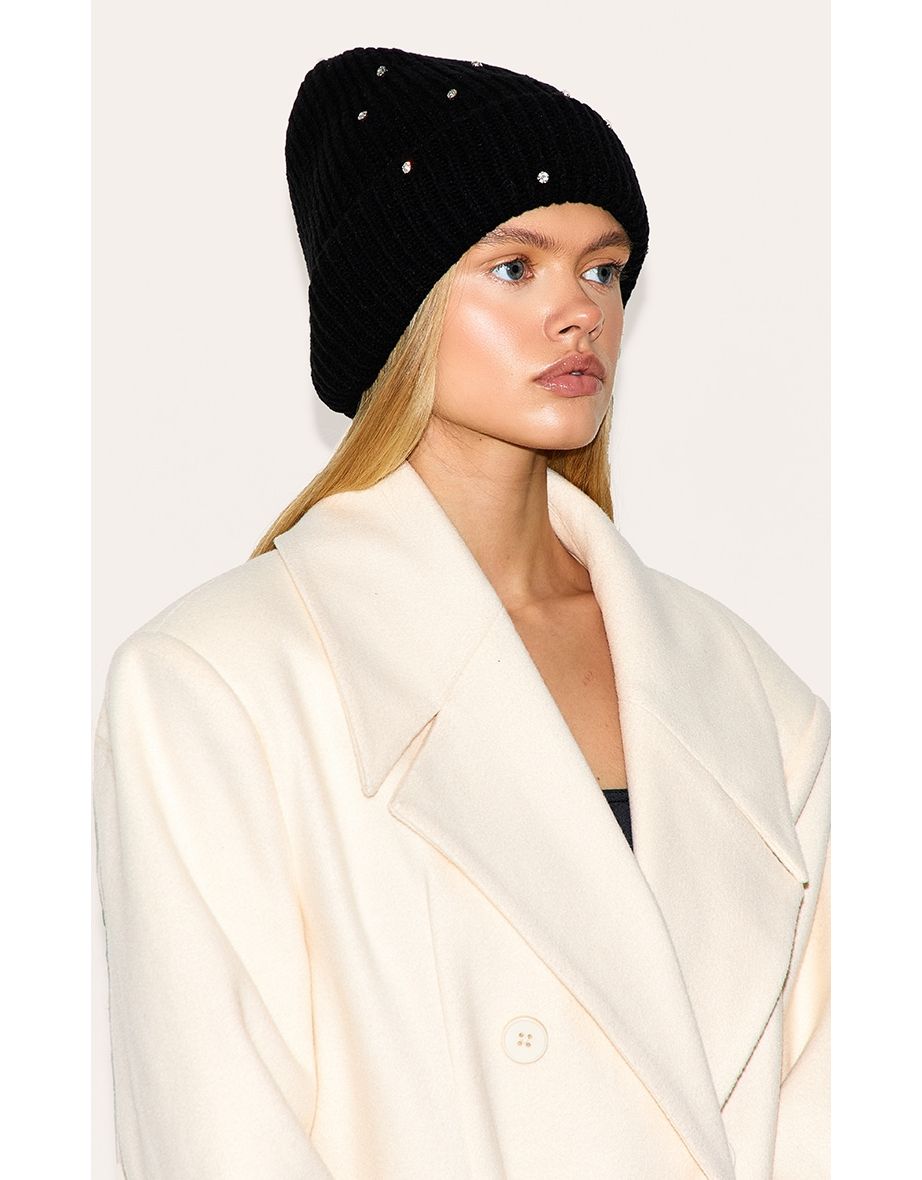 Black Diamante Rib Beanie