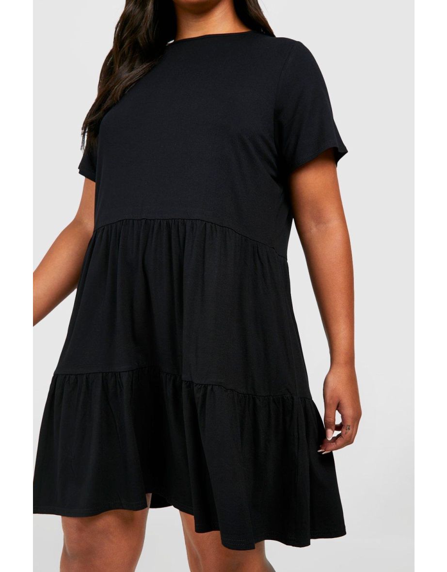 Plus Jersey Tiered Smock Dress - black - 3