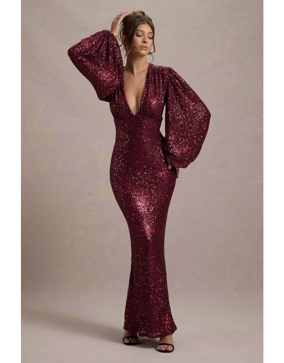 Kaelin | Berry Sequin Plunge-Neck Maxi Dress - 5