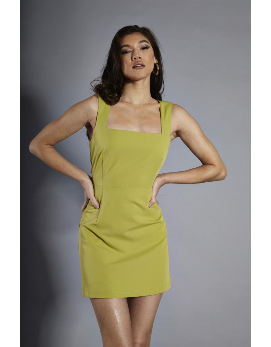 Chartreuse-Green Square-Neck Mini-Dress