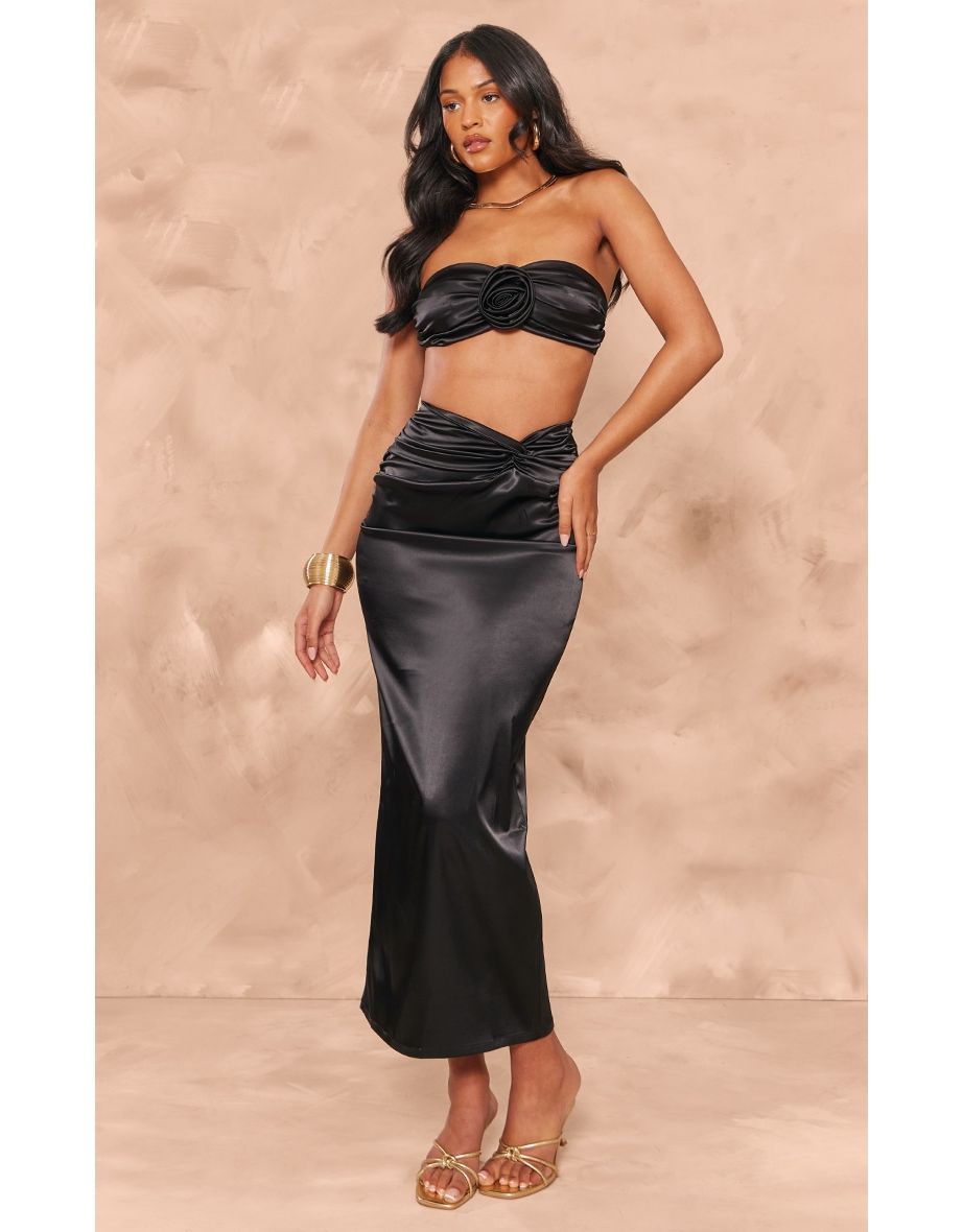 Tall Black Satin Flower Detail Bandeau Top