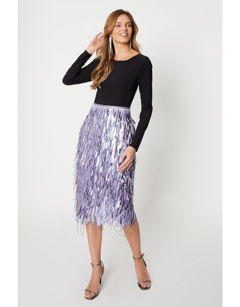 Fringe Sequin Midi Skirt