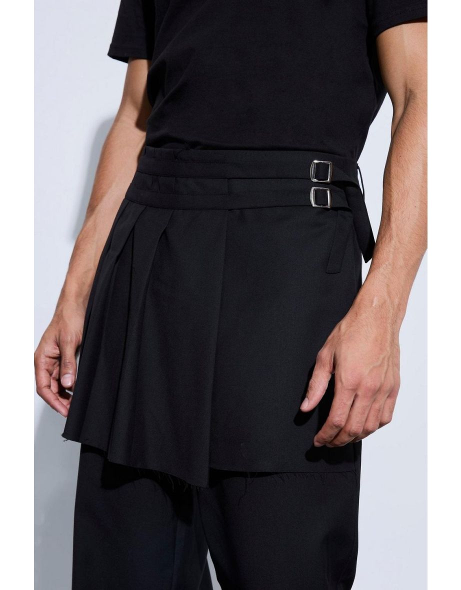 Buckle Kilt Overlay Wide Leg Trousers - black - 2