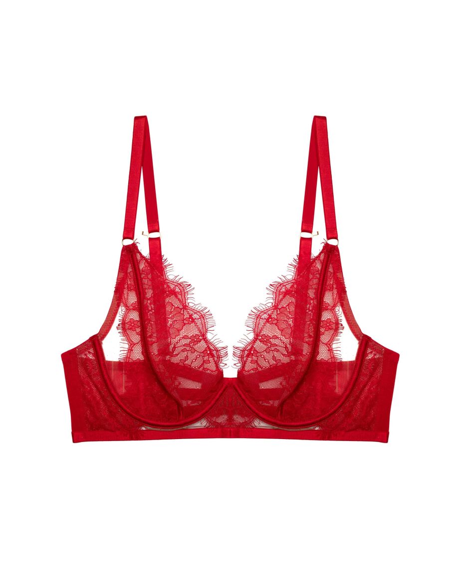 Natalia Red Eyelash Lace Plunge Bra - 3