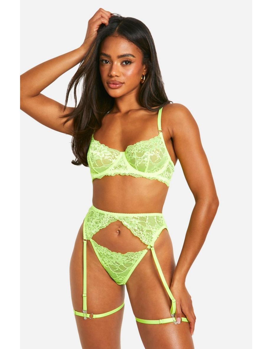 Neon Bra Thong And Suspender Set - neon-yellow