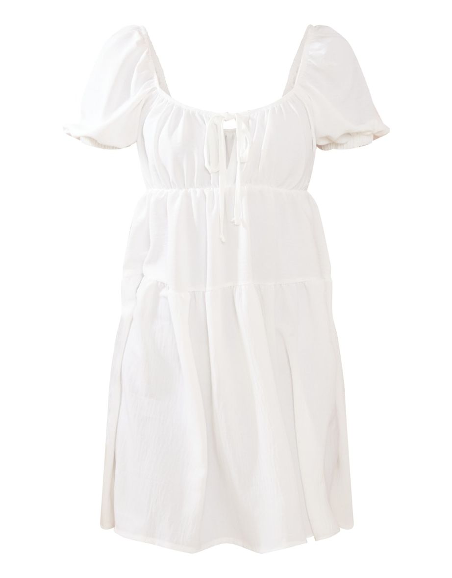 Tall White Tie Front Tiered Shift Dress - 4