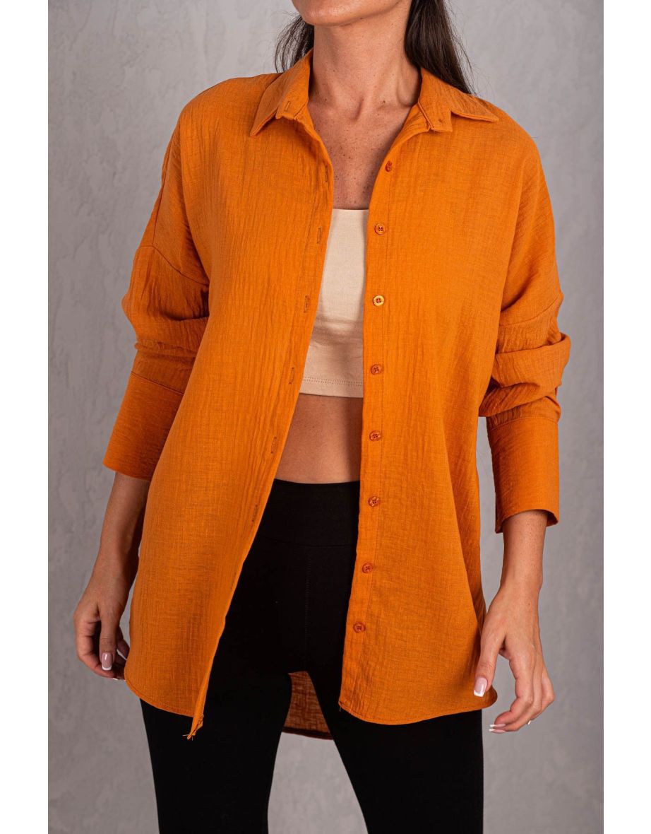 Women's Orange Oversize Textured Linen Look Wide Cuff Shirt