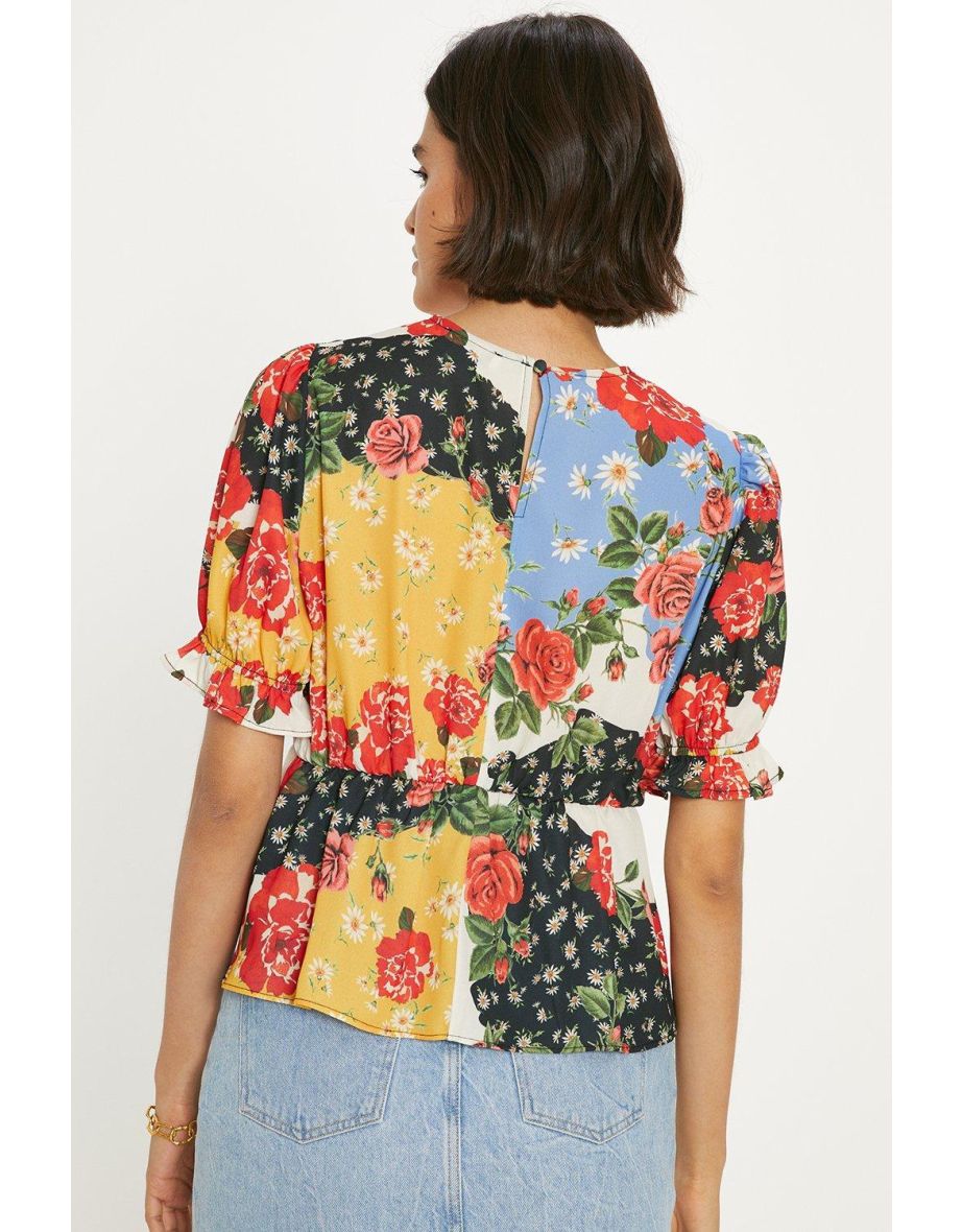 Short Sleeve Floral Print Tea Blouse - 2