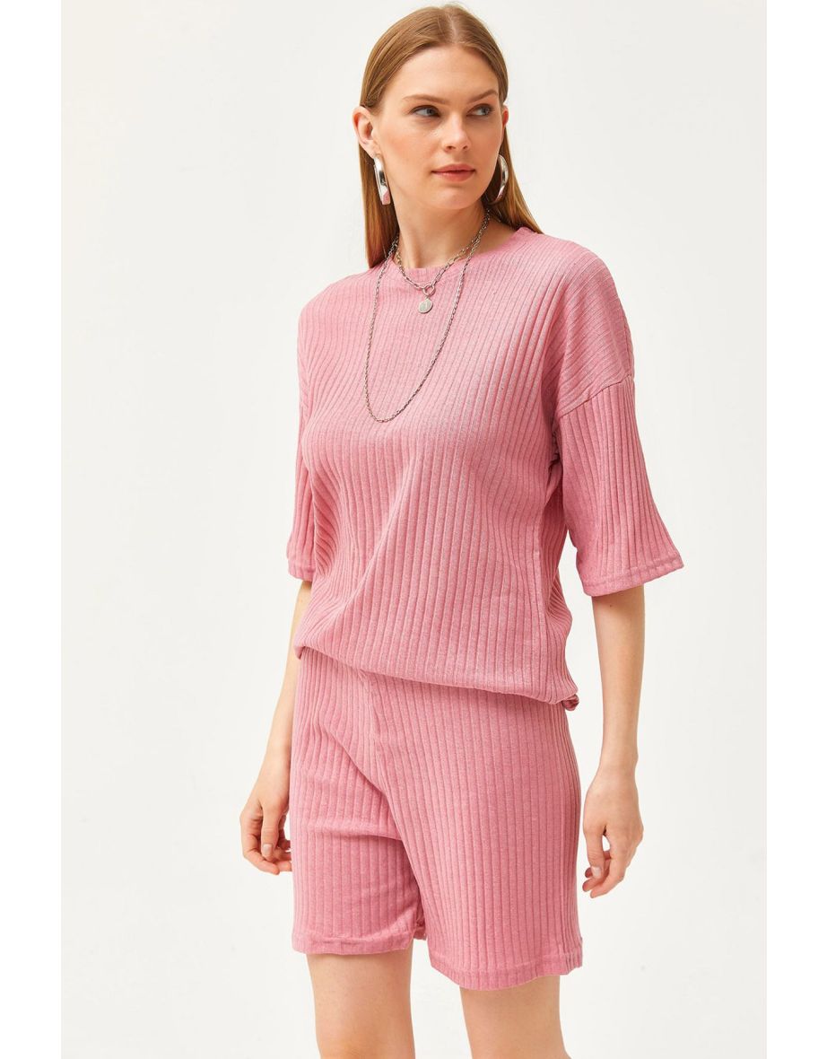 Women's Dried Rose Bottom Short Tights Top Loose Blouse Set