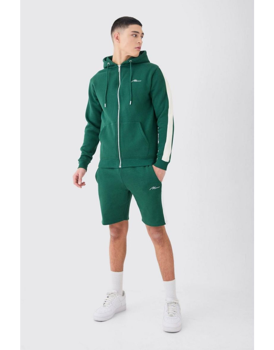 Man Signature Slim Zip Through Colour Block Short Tracksuit - forest