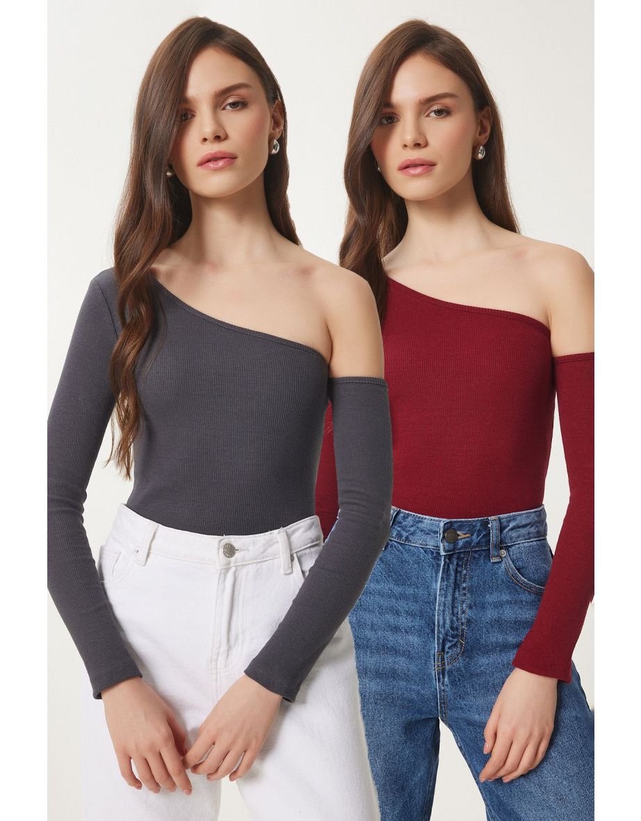 Women's Anthracite Claret Red Open Shoulder Ribbed 2-Piece Knitted Blouse