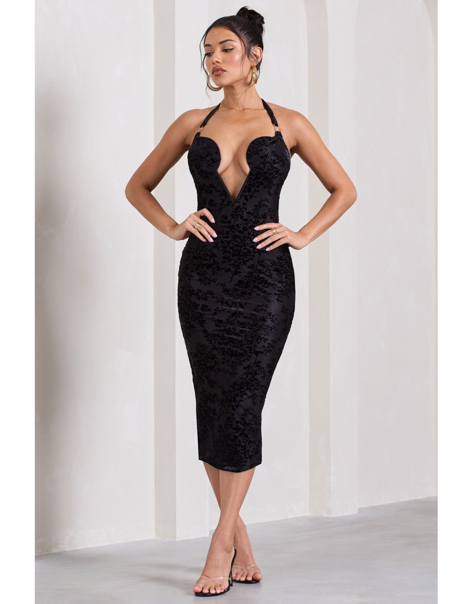 Amelia | Black Sheer Velvet Floral Halter-Neck Midi Dress - 4