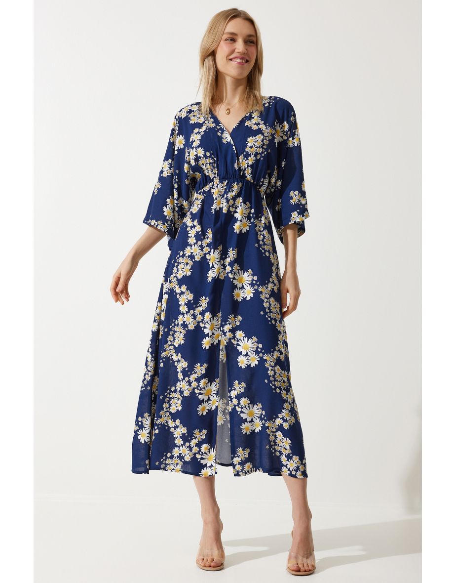 Women's Navy Blue Yellow Wrap Collar Patterned Summer Viscose Dress