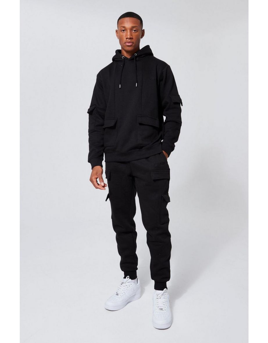 Official Man Cargo Hooded Panelled Tracksuit - black