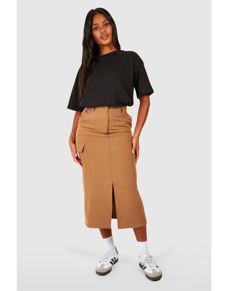 Shop Cargo Pocket Split Front Tailored Midaxi Skirt camel Online in Bahrain VogaCloset