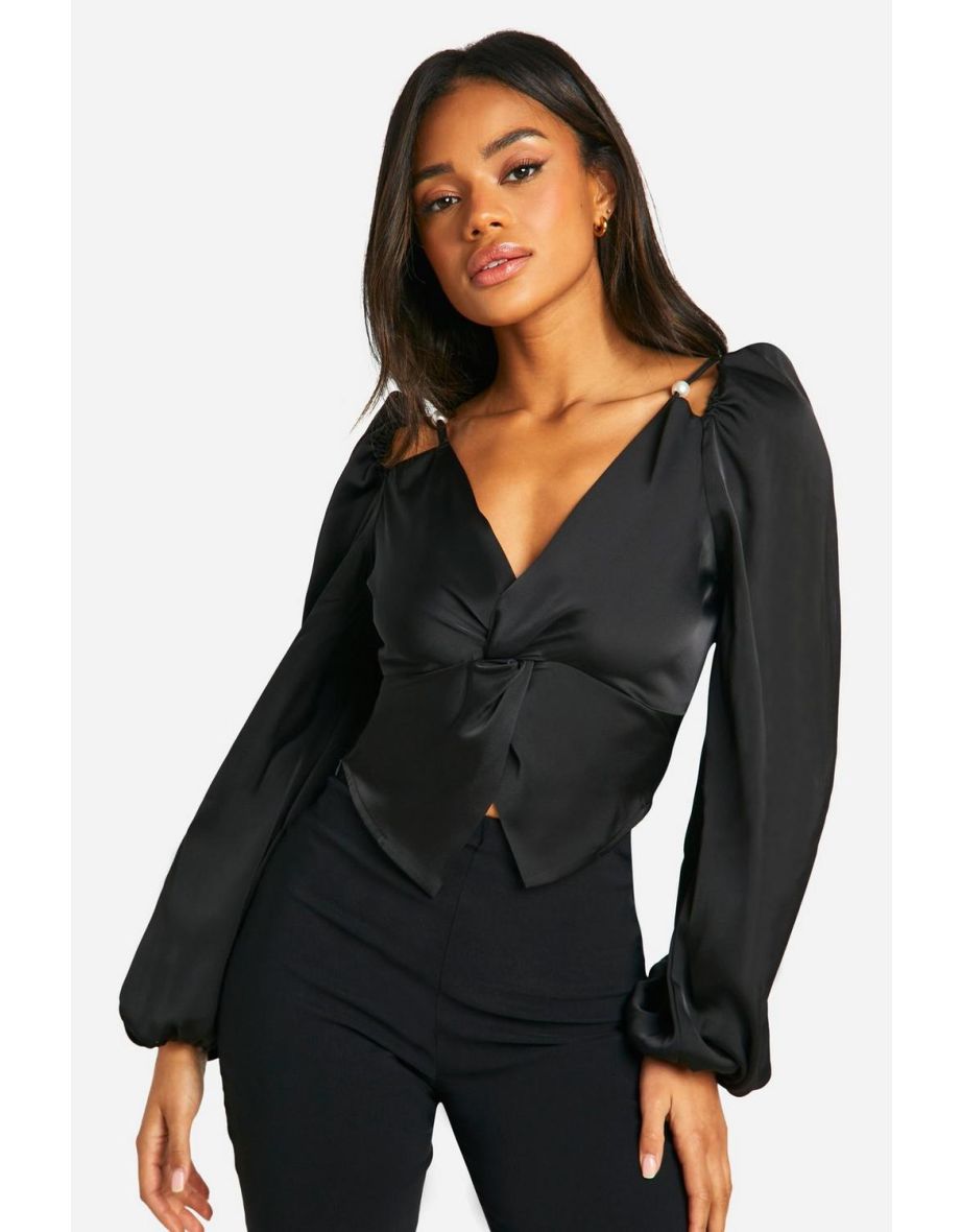 Satin Pearl Detail Long Sleeve Corset Top - black