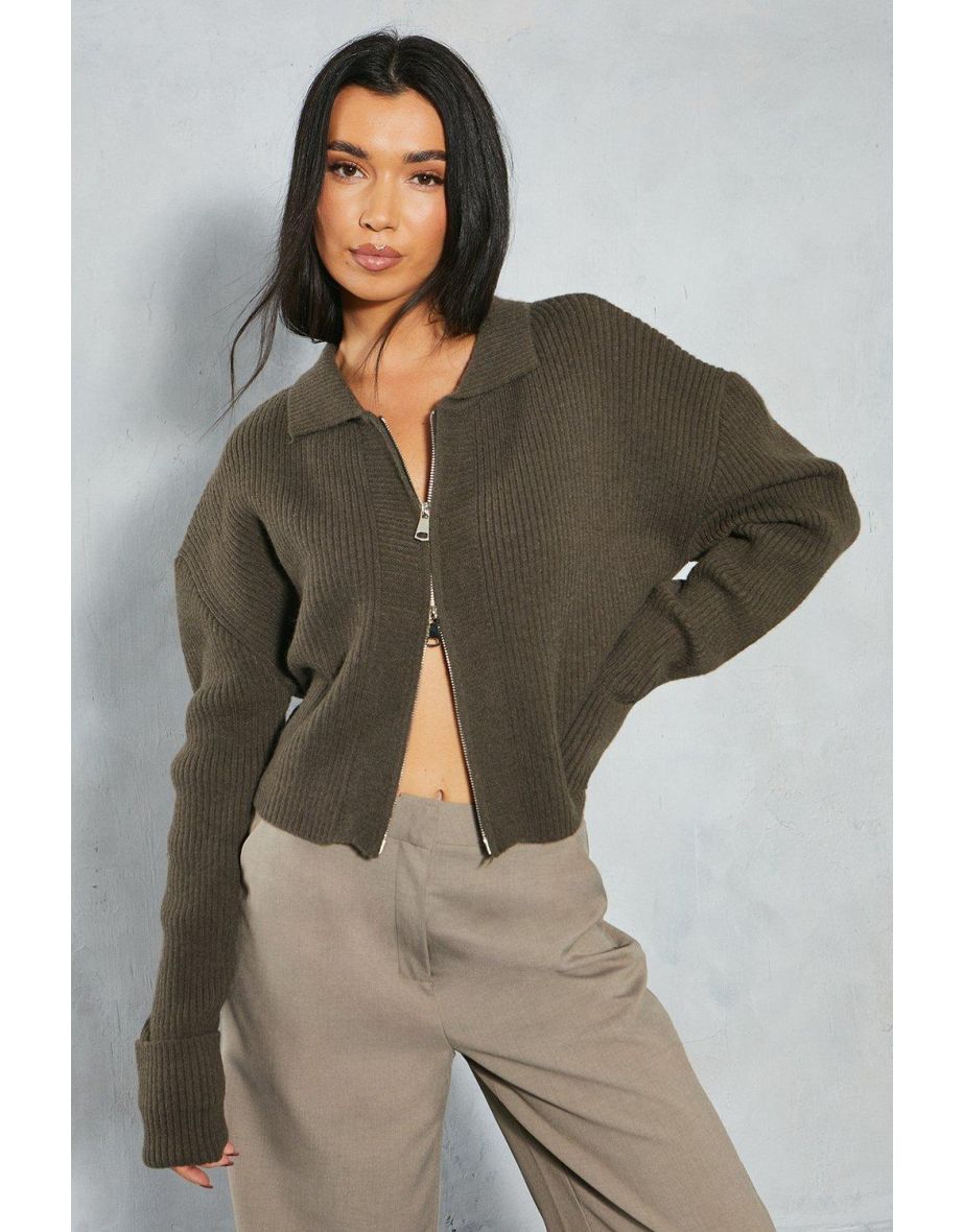 Knitted Ribbed Zip Through Cardigan