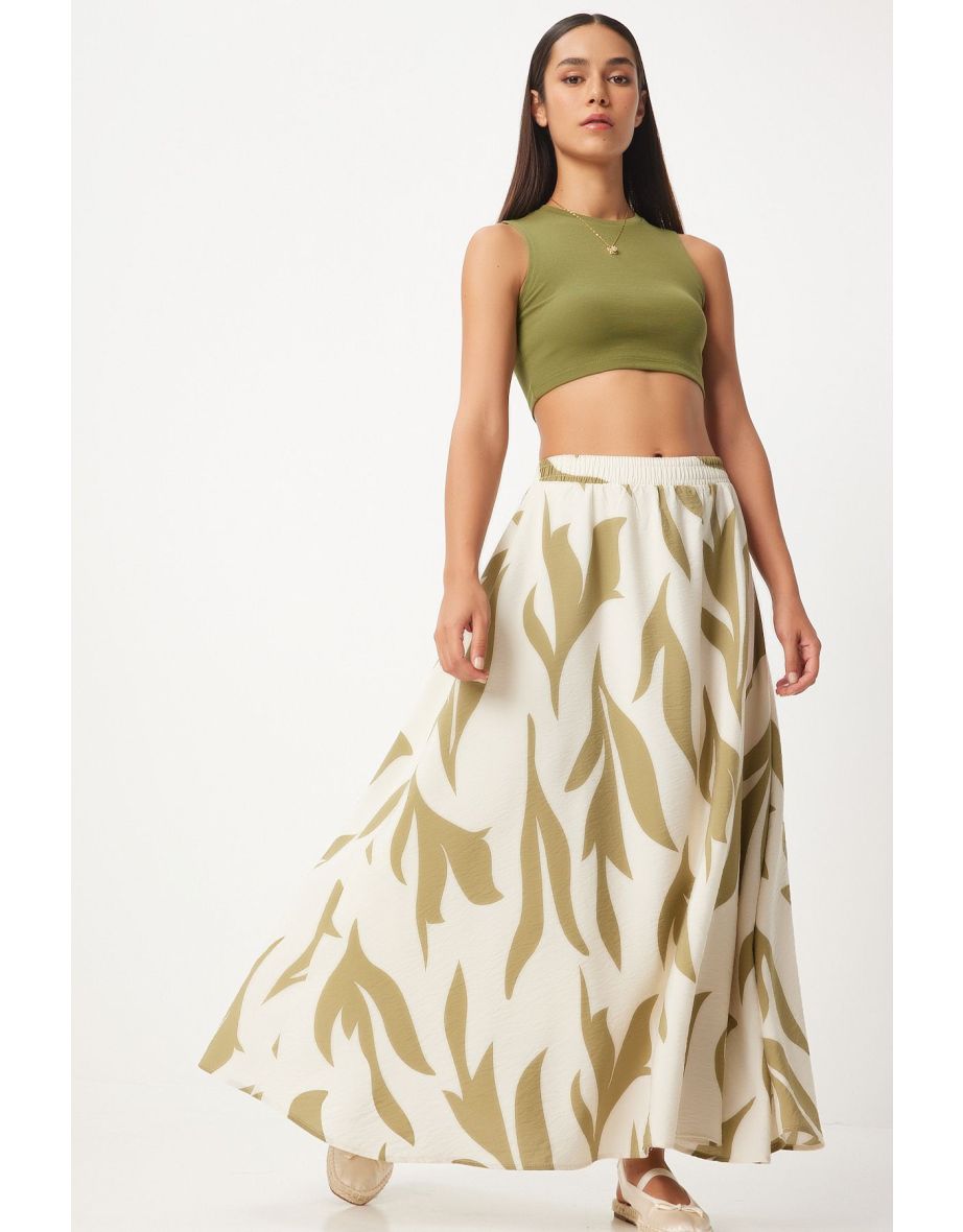Women's Cream Oil Green Patterned Maxi Skirt